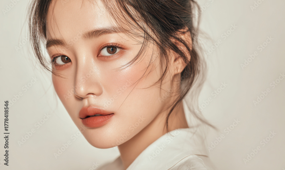 Naklejka premium Elegant portrait of a woman with warm-toned makeup and a soft expression.