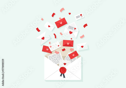 Love letters and hearts flying out of an open envelope for romance.