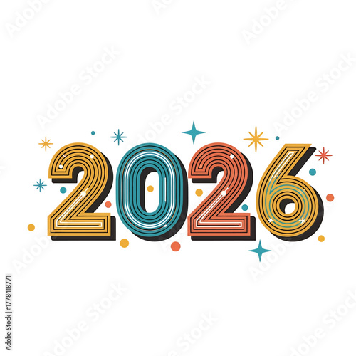 Retro-Style 2026 New Year Illustration with Stars and Colorful Lines