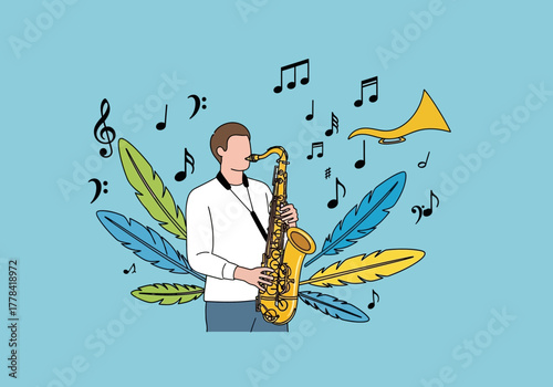Man Playing Saxophone Surrounded by Musical Notes and Tropical Leaves.