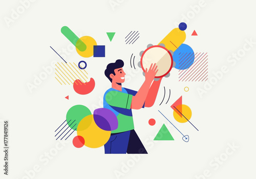 Man playing tambourine with abstract shapes.