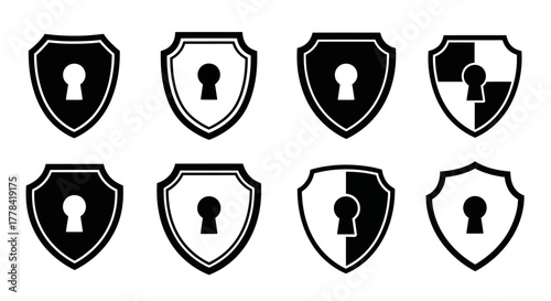 Collection of black and white shield icons with keyhole designs