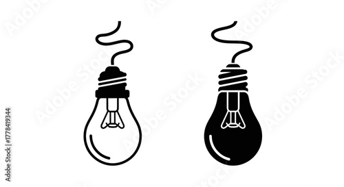 Two simple black and white illustrations of vintage light bulbs shown