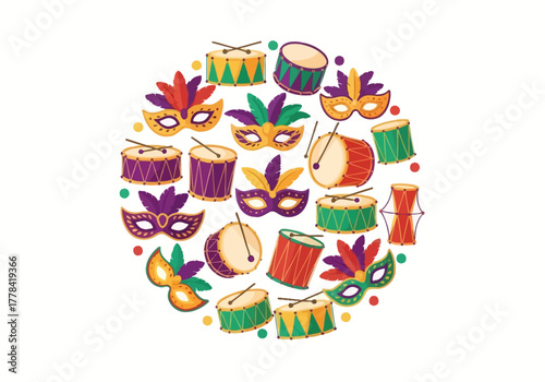Mardi Gras Celebration - Masks and Drums in Festive Circle.