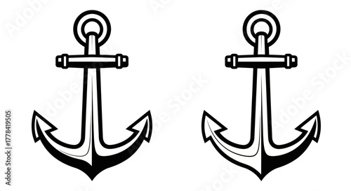Two black and white nautical anchors presented side by side