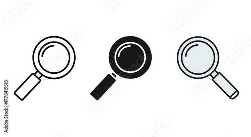 Three magnifying glasses in different styles and color variations shown