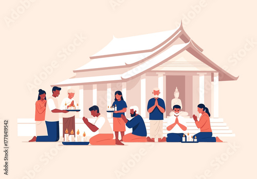 People performing religious ceremony in front of a traditional temple building.