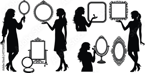 Silhouettes of Women Holding Different Types of Mirrors in Various Elegant Frames - Vector Illustration for Design