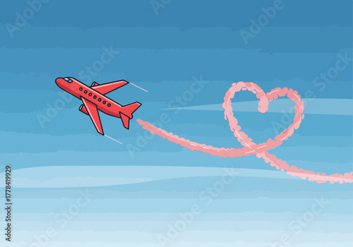 Red Airplane Drawing Heart in Sky with Smoke Trail.