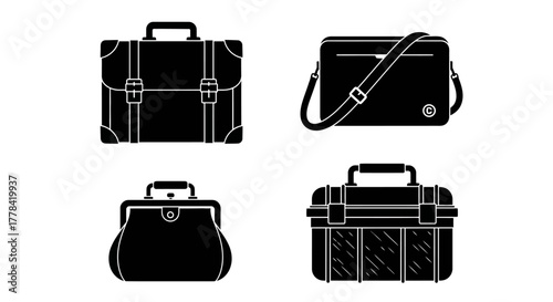 Stylized black silhouettes of various vintage and modern bag designs
