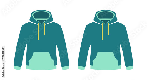 Two teal hooded sweatshirts with yellow drawstrings and light green hems