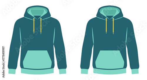 Two teal hooded sweatshirts with drawstring cords and front pockets displayed