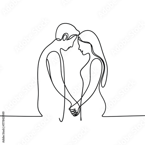 Minimalist continuous line drawing of a loving couple holding hands