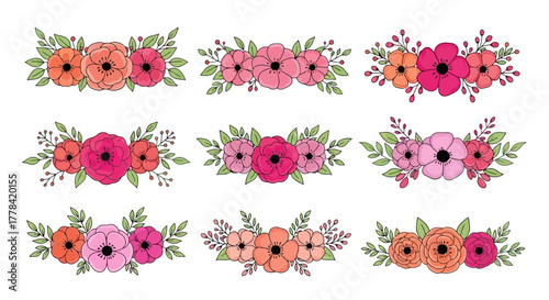Collection of colorful floral arrangements with detailed petals and leaves