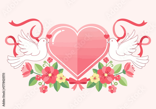 Romantic doves with heart and flowers for wedding or Valentines Day.