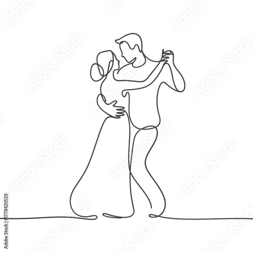 Elegant couple dancing together in a romantic single line drawing