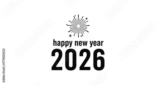 Happy new year 2026 with a stylized snowflake or starburst graphic on a white background