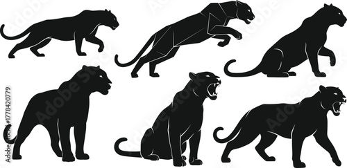 Black panther silhouette vector illustration set showing wild animal poses, walking, sitting, roaring, leaping, hunting, and standing design elements