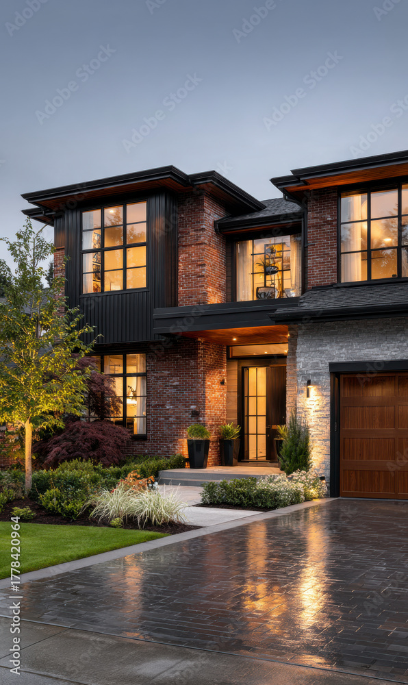 Fototapeta premium Facade of luxury home with large windows and beautiful landscaping at dusk.