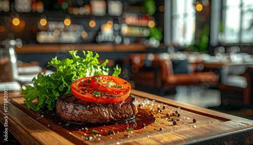 Delicious Steak with Tomato and Greens on Wooden Board.