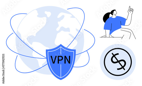 Shield labeled VPN over globe with orbit lines, dollar saving icon, and person pointing upward. Ideal for cybersecurity, privacy, global network, cost-efficiency, internet safety, digital solutions
