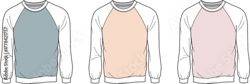 Vector illustration of three blank long-sleeve raglan crewneck sweatshirts in soft pastel hues, ideal technical fashion flats for apparel design and casual clothing mockups