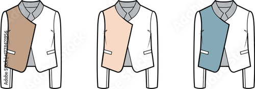 Vector illustration set of a modern women's cropped jacket with an asymmetrical lapel, presented in three color options for apparel design