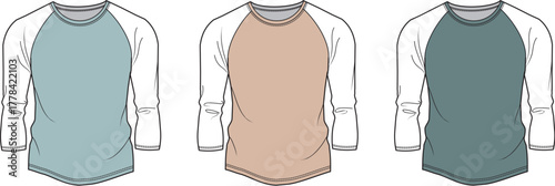 Three raglan sleeve t-shirts in different neutral colors, showcasing a classic design with a comfortable fit
