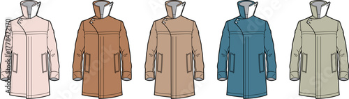 A collection of diverse colored trench coats displayed in a linear arrangement, showcasing variety in fashion apparel