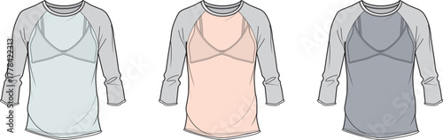 Versatile flat vector illustrations featuring long-sleeve raglan shirts in a delightful trio of soft, understated colors, ideal for contemporary apparel design and casual wear concepts
