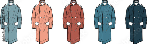 Colorful Illustrations of Trendy Winter Overcoats in Various Shades, Flat Design Style