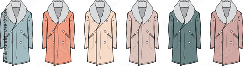 Collection of stylish double-breasted coats with fur collars in various pastel colors