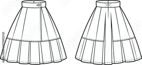 Cad drawing flat vector illustration, pleated skirt sewing pattern, fashion CAD sketch, garment design layout, technical clothing template