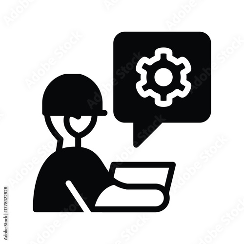 engineer with laptop and gear inside of chat bubble solid icon vector design good for web or mobile app
