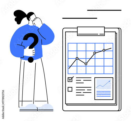 Woman holding question mark evaluates report with growth chart, checklist, and notes. Ideal for analysis, planning, decision-making, strategy, business insights, data evaluation simple flat metaphor