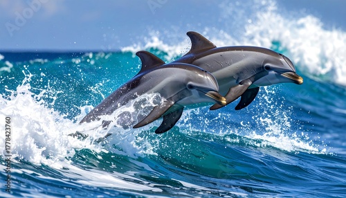 Fototapeta Naklejka Na Ścianę i Meble -  Two dolphins leap over a turquoise ocean wave