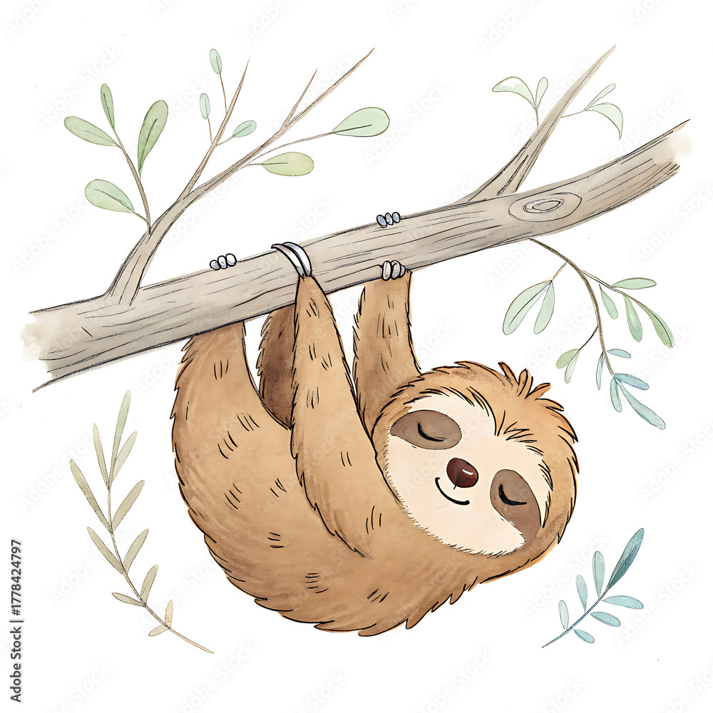 Obraz premium Charming Sloth Hanging from Tree Branch, Cute Animal Illustration, Peaceful Nature Scene, Watercolor Style