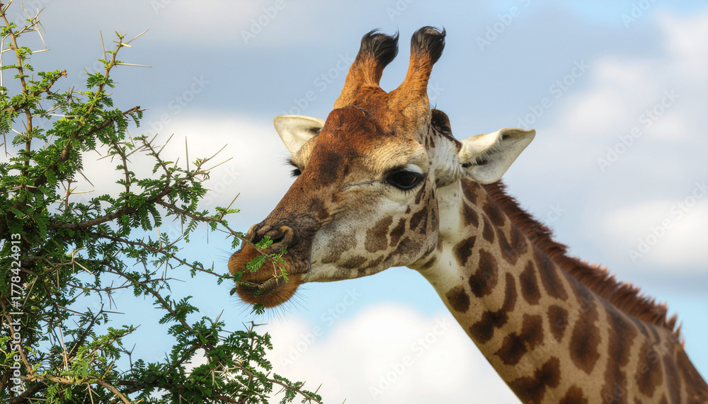 Fototapeta premium A close-up of a giraffe's head and neck as it feeds on thorny acacia leaves against a bright blue sky with scattered white clouds in the savanna.