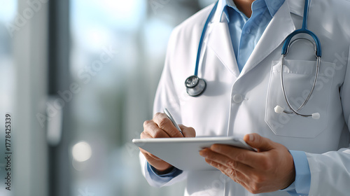 A doctor holds an iPad and looks at a medical document with a blurred background and copy space for text. Illustration of a doctor's background.