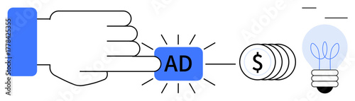 Hand pressing ad button leading to money generation and a lightbulb representing innovation. Ideal for advertising, digital marketing, creativity, profit, innovation, conversion, and monetization