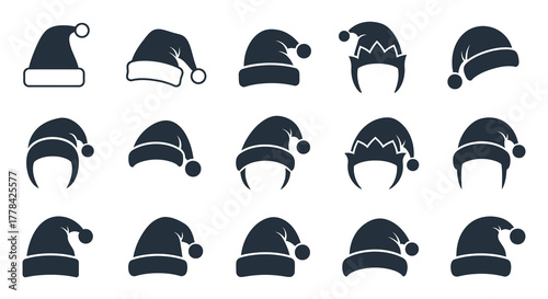 Collection of festive christmas santa hats and winter hats with pom poms and tassels for holiday celebrations