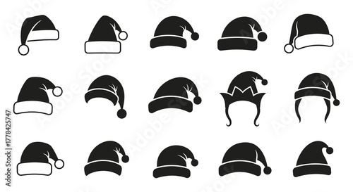Collection of diverse black and white christmas santa hats and elf hats in a simple line art style