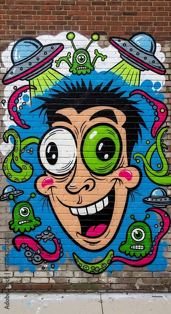 Obraz premium Whimsical Alien Graffiti Art on Brick Wall - A Colorful Extraterrestrial Encounter.