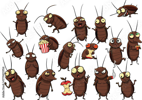 Cartoon cockroaches funny characters, insect illustration, pest control concept, anthropomorphic bugs eating food, humorous expressions, vector design, isolated background