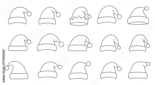 Collection of hand drawn festive santa claus hats and caps in a simple line art style