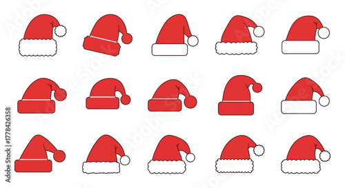 Collection of red santa claus hats with white trim and pom poms in a grid pattern