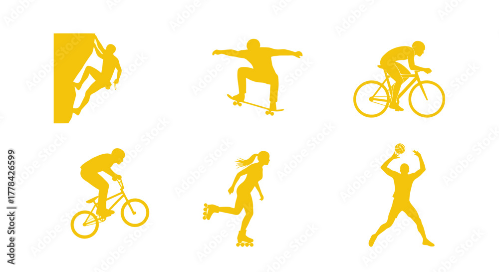 Fototapeta premium Dynamic yellow silhouettes capture the thrill of action sports and outdoor adventure activities