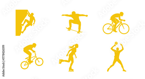 Dynamic yellow silhouettes capture the thrill of action sports and outdoor adventure activities