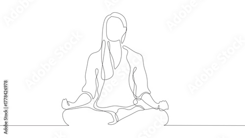 Woman meditating - continuous line drawing vector linear illustration.