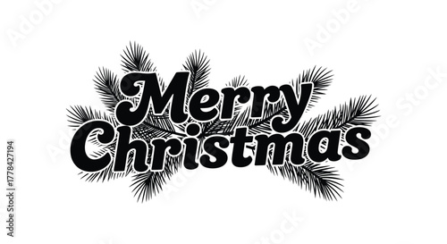 Festive merry christmas text design with pine branches and snowflakes in black and white